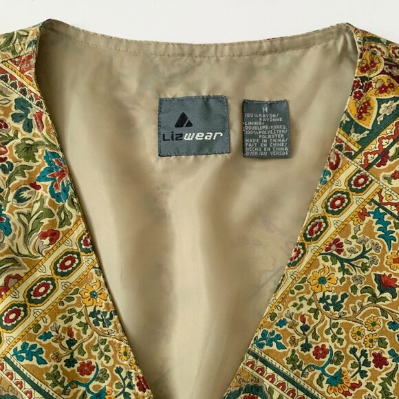 Vintage Liz Wear Paisley Floral Pattern Vest Yellow Blue Green Fall Academia - Picture 3 of 10